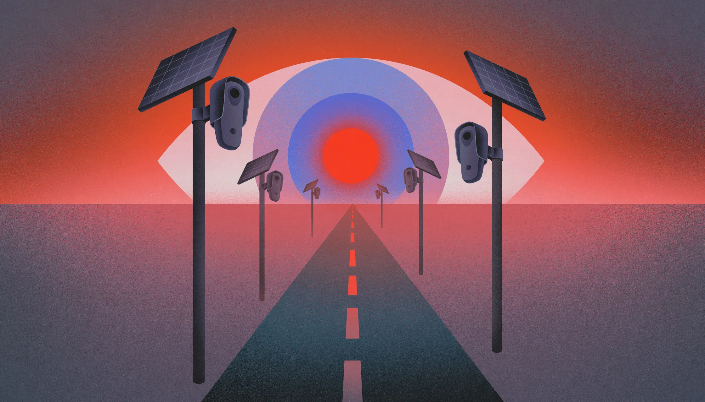 An illustration of a road lined with Flock ALPR cameras on solar poles, leading toward a giant watching eye at the horizon